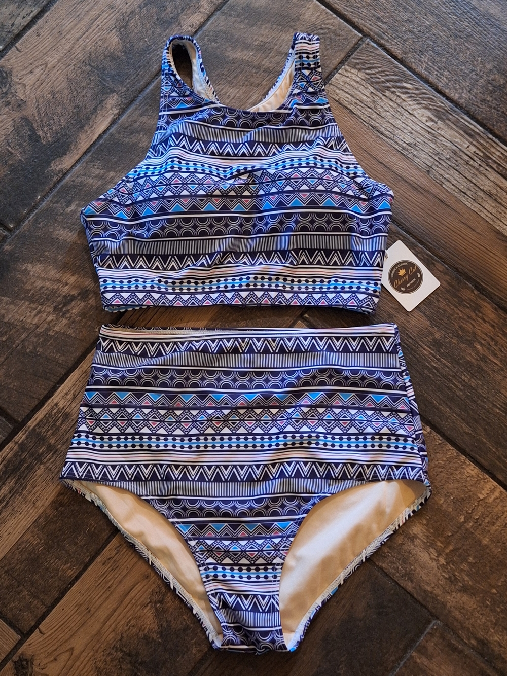 High Neck Two-Piece Swim Bikini - Blue Geometric